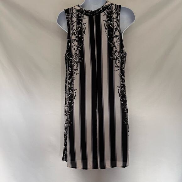 Bar III Stripe Shift Dress Sz M Black Cream Floral Mod Retro Chic Cocktail 60s - Picture 4 of 13